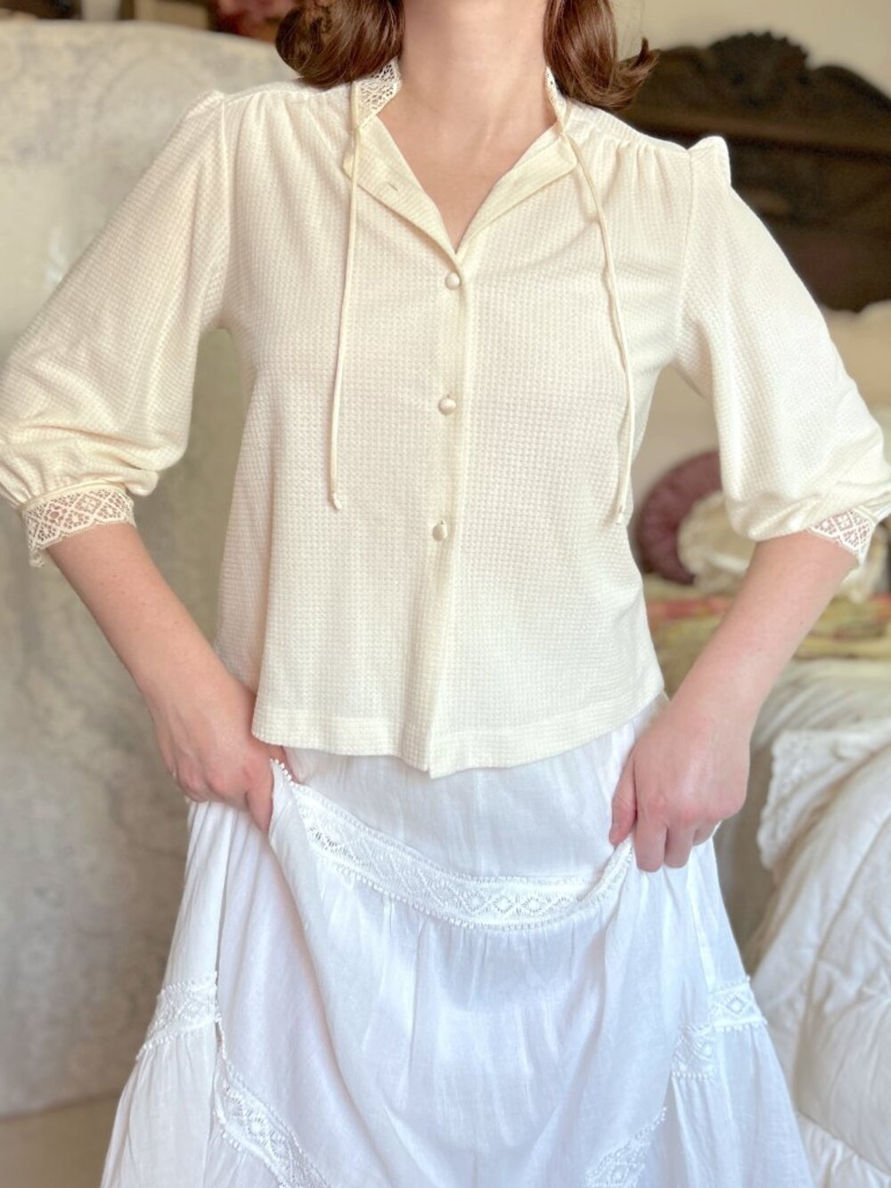 Vintage Lace Collar Blouse Bed Jacket, Cream Color, Vanity Fair, Cottagecore